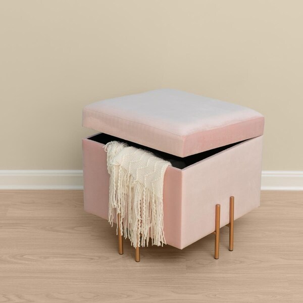 Kd Americana 16.5 x 16 x 16 in. Square Velvet Storage Ottoman with Rose Gold Legs, Pink - KD2641649
