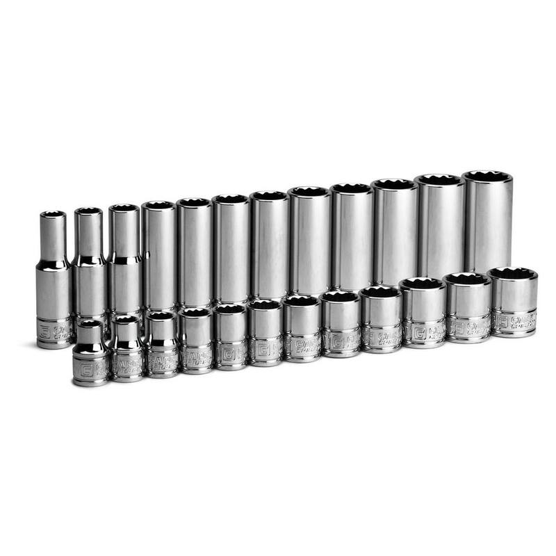 Juego de dados profundos y llaves Capri Tools de 3/8 pulgadas, métricos y de 12 puntas (24 piezas) - CP16300-24MSD