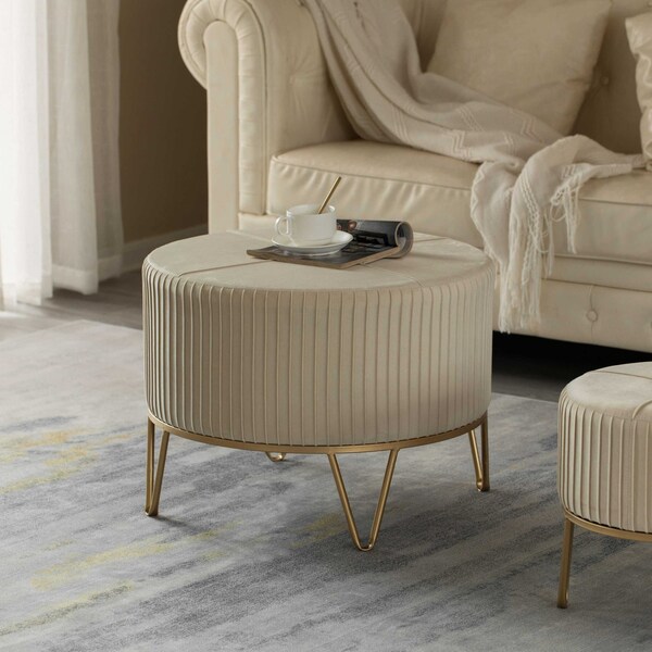 Fabulaxe Round Velvet Ottoman Stool Raised with Hairpin Gold Base, Cream, Large - QI004324.CM.L