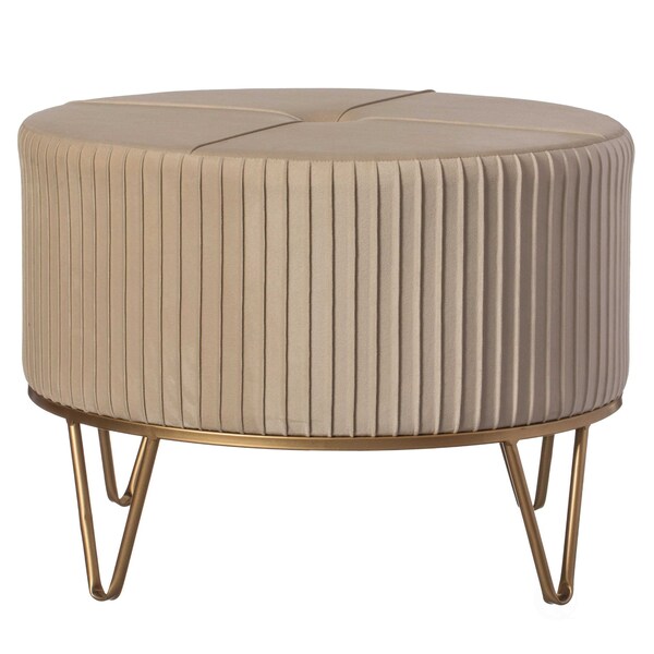 Fabulaxe Round Velvet Ottoman Stool Raised with Hairpin Gold Base, Cream, Large - QI004324.CM.L