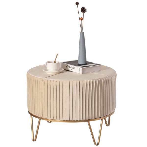 Fabulaxe Round Velvet Ottoman Stool Raised with Hairpin Gold Base, Cream, Large - QI004324.CM.L