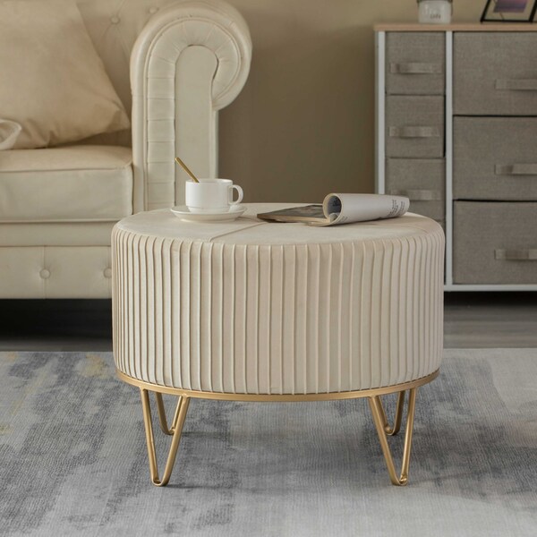 Fabulaxe Round Velvet Ottoman Stool Raised with Hairpin Gold Base, Cream, Large - QI004324.CM.L