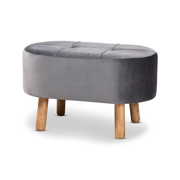 Sekkusu Furniture JY19A222-Grey-Natural-Otto Simone Mid-Century Modern Grey Velvet Fabric Upholstered Wood Ottoman - SE2501429