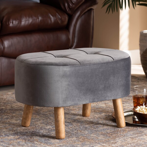 Baxton Studio Simone Mid-Century Grey Velvet Upholstered Wood Ottoman - 161-10280