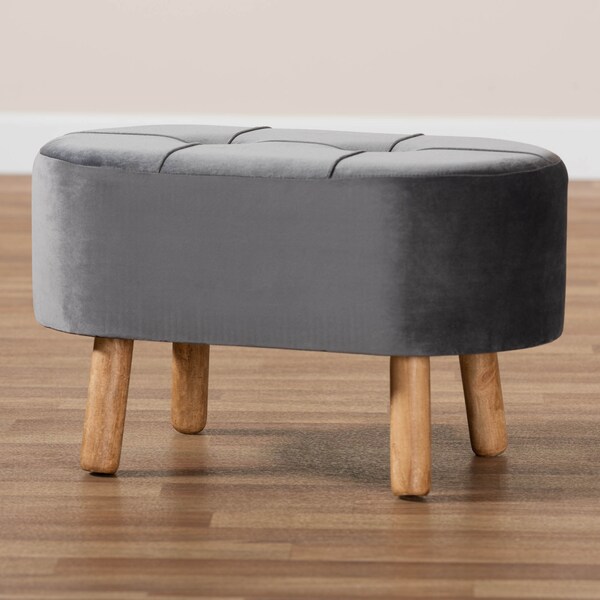 Baxton Studio Simone Mid-Century Grey Velvet Upholstered Wood Ottoman - 161-10280