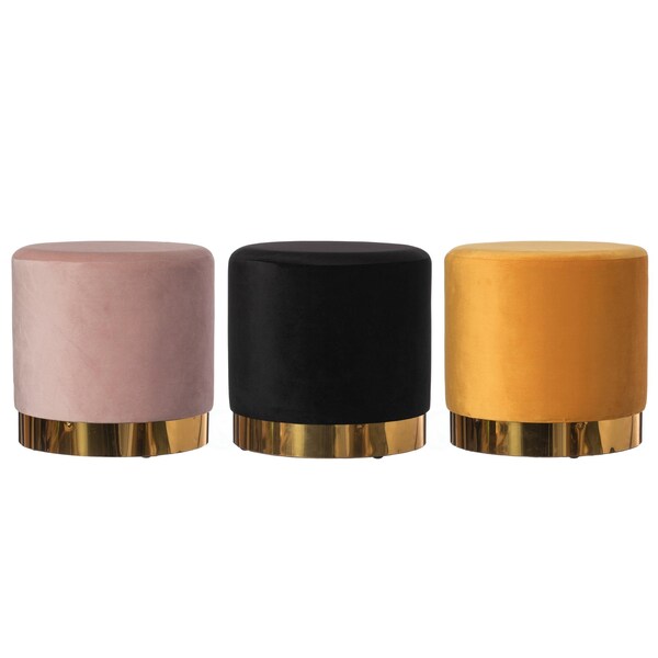 Fabulaxe Modern Round Velvet Fabric Standard Ottoman Stool with Gold Base, Black - QI004323.BK