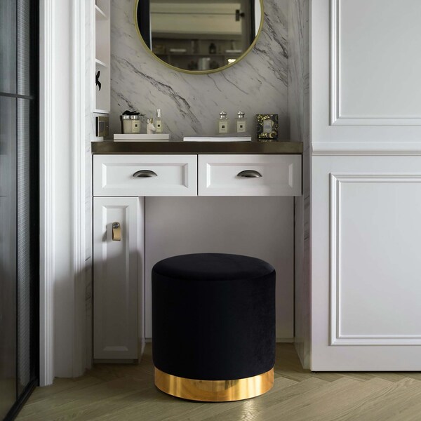 Fabulaxe Modern Round Velvet Fabric Standard Ottoman Stool with Gold Base, Black - QI004323.BK