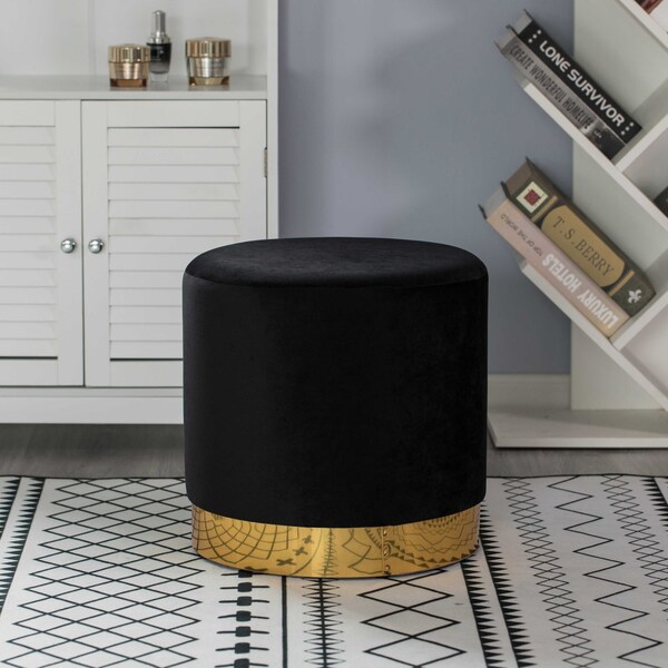 Fabulaxe Modern Round Velvet Fabric Standard Ottoman Stool with Gold Base, Black - QI004323.BK