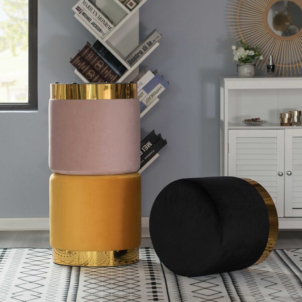 Fabulaxe Modern Round Velvet Fabric Standard Ottoman Stool with Gold Base, Black - QI004323.BK