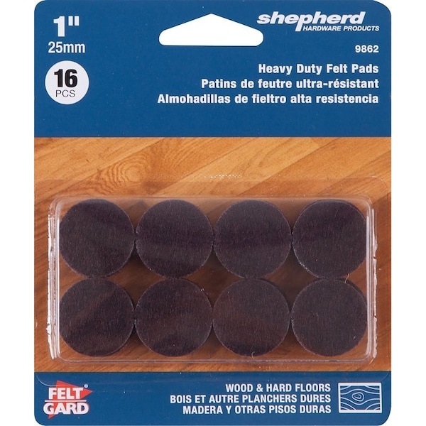Shepherd Hardware Hardware Furniture Pad, Felt, Brown, 1 in Dia, 5 mm Thick, Round, 16PK - 9862