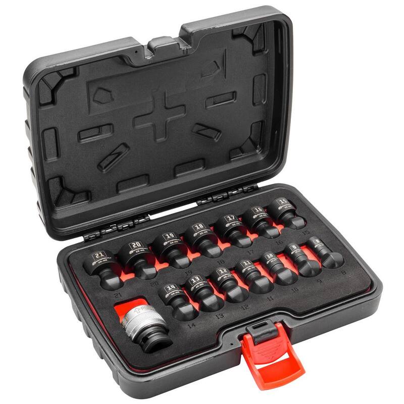 Juego de llaves de vaso de 15 piezas con adaptador y porta, de cambio rápido y cabezal móvil métrico de 1/2 pulgadas - 643032ECE