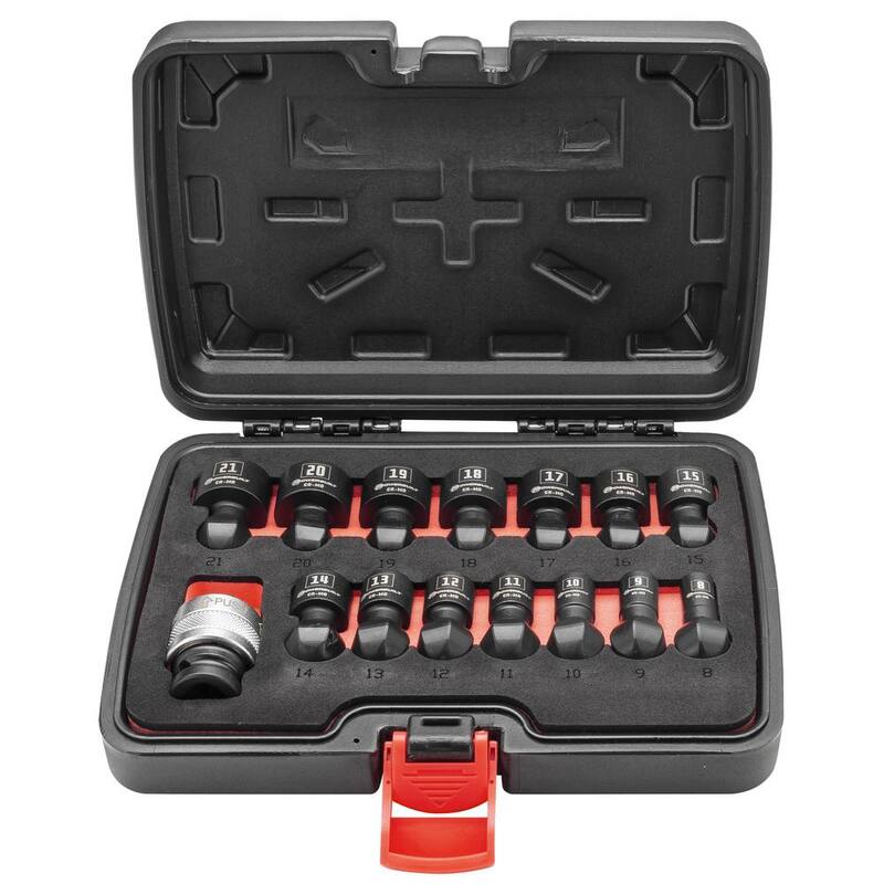 Juego de llaves de vaso de 15 piezas con adaptador y porta, de cambio rápido y cabezal móvil métrico de 1/2 pulgadas - 643032ECE