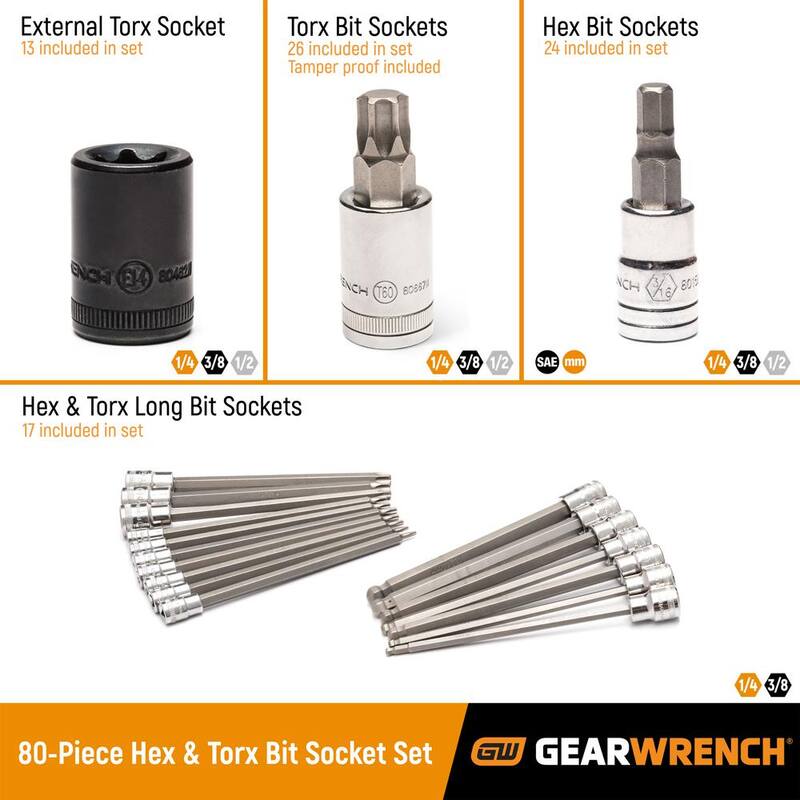 Juego de puntas de vaso GEARWRENCH de 1/4, 3/8 y 1/2 pulgadas, Hexagonal, Hexagonal con extremo de bola, Torx a prueba de manipulaciones, E-Torx y punta Torx (80 piezas) - 86538