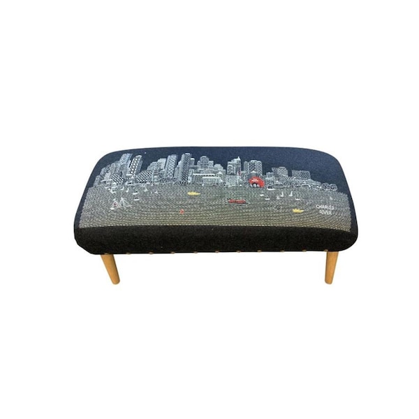 Gfancy Fixtures 38 in. Boston Nighttime Skyline Embroidered Ottoman Black - GF3669109
