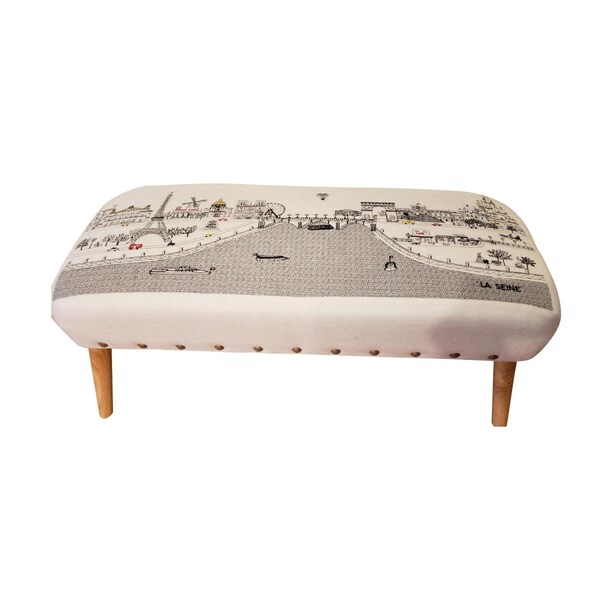 Homeroots 38 in. Paris Daylight Skyline Embroidered Ottoman, Day - 480542