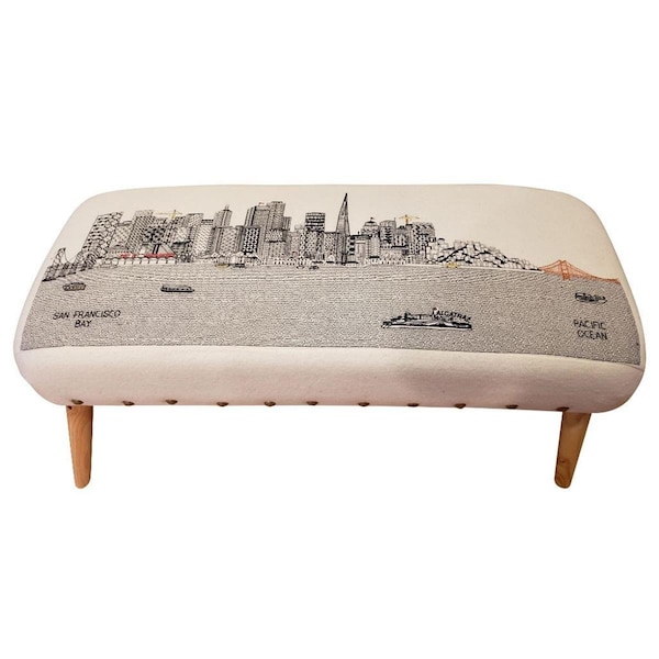 Homeroots 38 in. San Francisco Daylight Skyline Embroidered Ottoman, Day - 480540