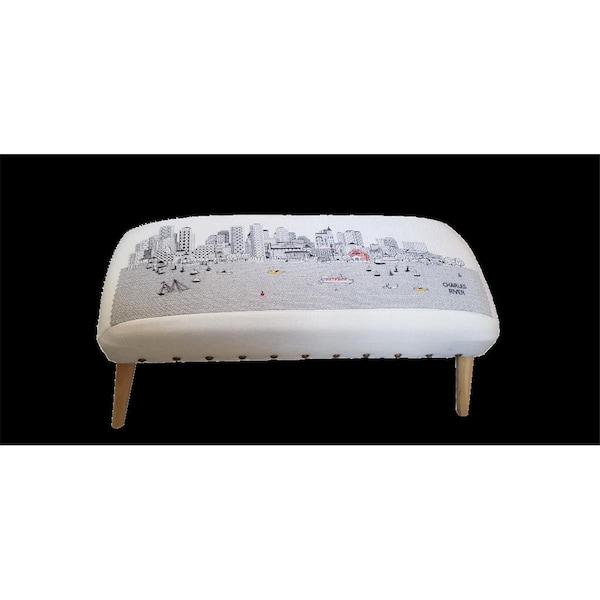 Gfancy Fixtures 38 in. Boston Daylight Skyline Embroidered Ottoman White - GF3686554