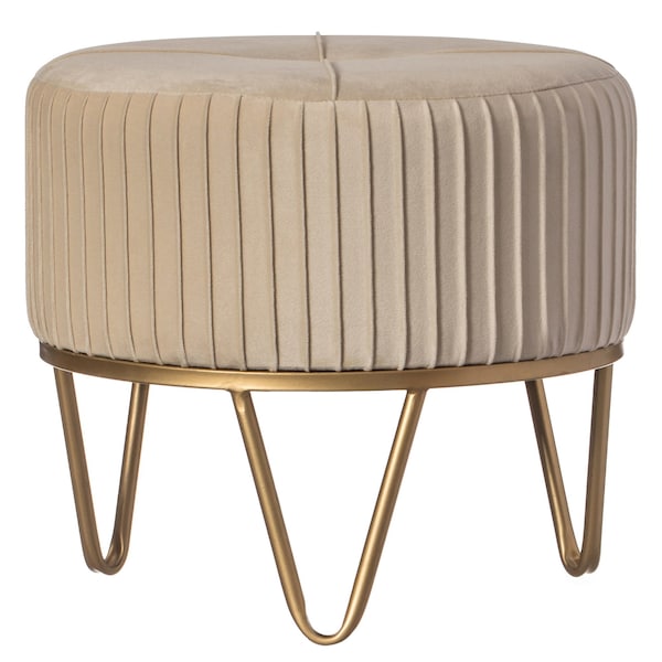 Fabulaxe Round Velvet Ottoman Stool Raised with Hairpin Gold Base, Cream, Small - QI004324.CM.S