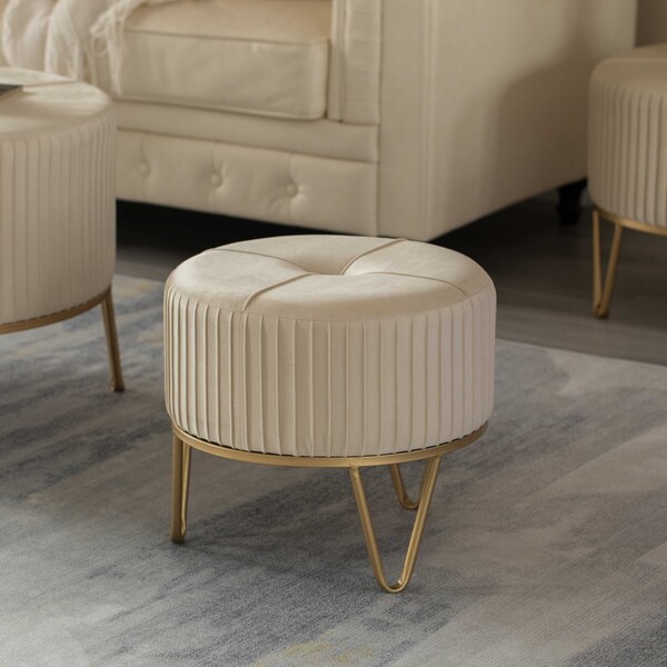 Fabulaxe Round Velvet Ottoman Stool Raised with Hairpin Gold Base, Cream, Small - QI004324.CM.S