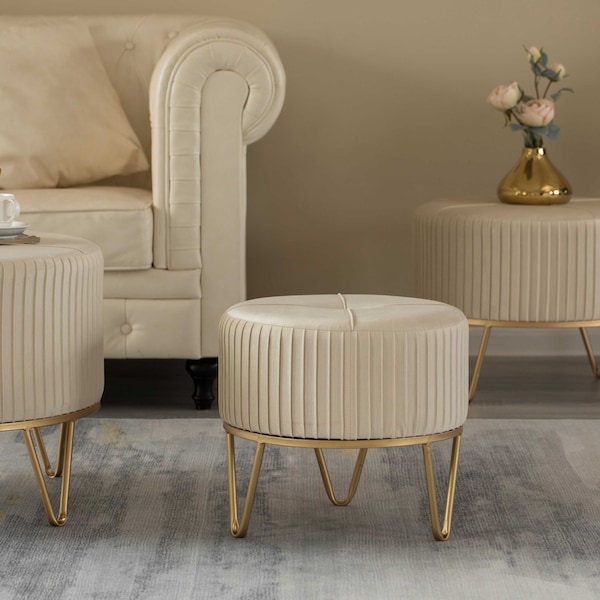 Fabulaxe Round Velvet Ottoman Stool Raised with Hairpin Gold Base, Cream, Small - QI004324.CM.S