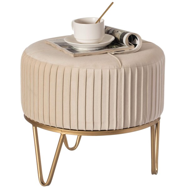 Fabulaxe Round Velvet Ottoman Stool Raised with Hairpin Gold Base, Cream, Small - QI004324.CM.S