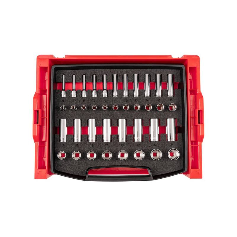 Juego de dados de 6 puntos de 3/8 pulgadas TEKTON con cajón superior abierto y soporte, 38 piezas (6-24 mm) - OLB94307
