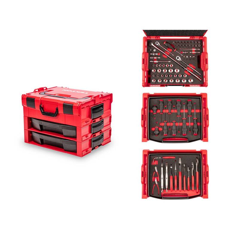 Juego de llaves de vaso, trinquete, destornillador y pinzas de 127 piezas 1/4, 3/8 pulgadas de TEKTON en caja de herramientas modular apilable de 2 cajones - OLB99002