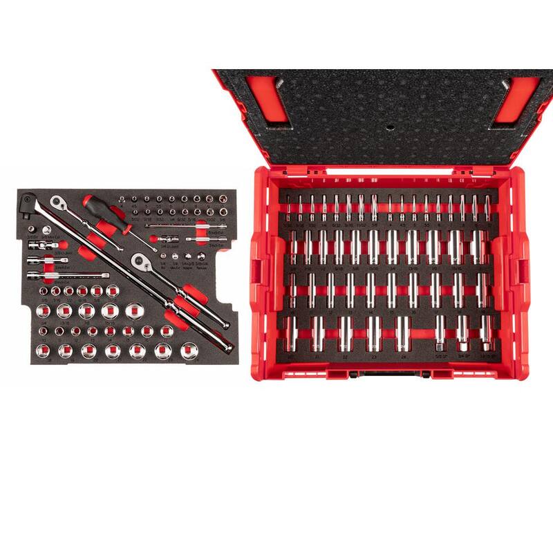 Juego de llaves de vaso, trinquete, destornillador y pinzas de 127 piezas 1/4, 3/8 pulgadas de TEKTON en caja de herramientas modular apilable de 2 cajones - OLB99002