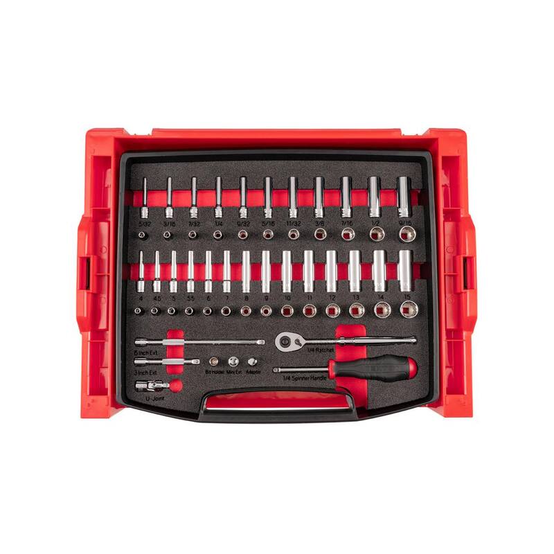 Juego de llaves de vaso y trinquete de 12 puntas TEKTON de 1/4 de pulgada con cajón superior abierto y rack, 58 piezas (5/32-9/16 pulg., 4-15 mm) - OLB94304