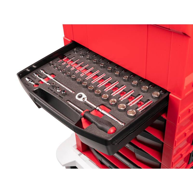 Juego de llaves de vaso y trinquete de 12 puntas TEKTON de 1/4 de pulgada con cajón superior abierto y rack, 58 piezas (5/32-9/16 pulg., 4-15 mm) - OLB94304
