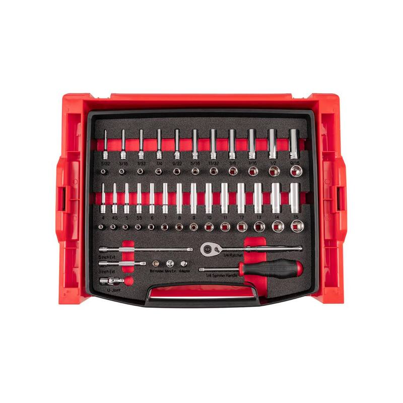 TEKTON Juego de llaves de vaso de 1/4 pulgada con carraca de 6 puntas y cajón superior abierto con soporte, 58 piezas (5/32-9/16 pulg., 4-15 mm) - OLB94303