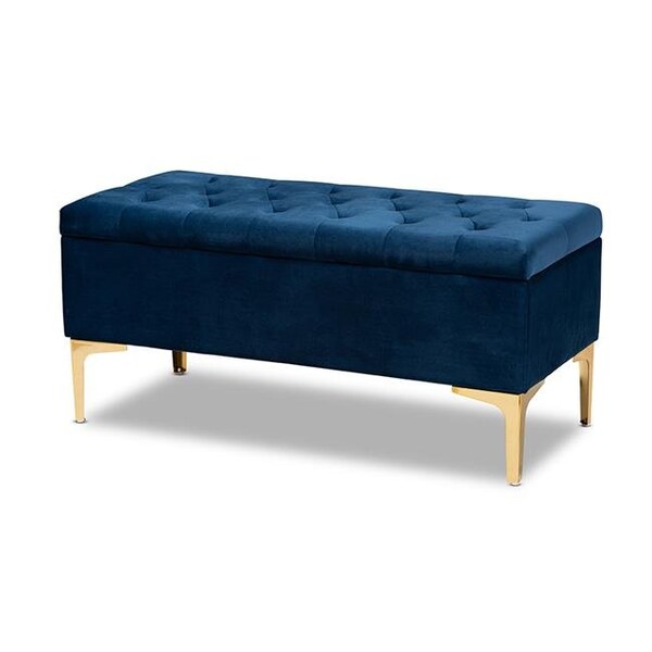 Baxton Studio Baxton Studio WS-H68-GD-Navy Blue Velvet-Gold-Otto Valere Glam & Luxe Navy Blue Velvet Fabric Upholstered Gold Finished Button Tufted Storage Ottoman - WS-H68-GD-NAVY BLUE VELVET/GOLD-OTTO