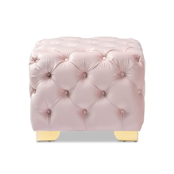 Baxton Studio Avara Pink Velvet Upholstered Gold Finished Button Tufted Ottoman - 153-9373