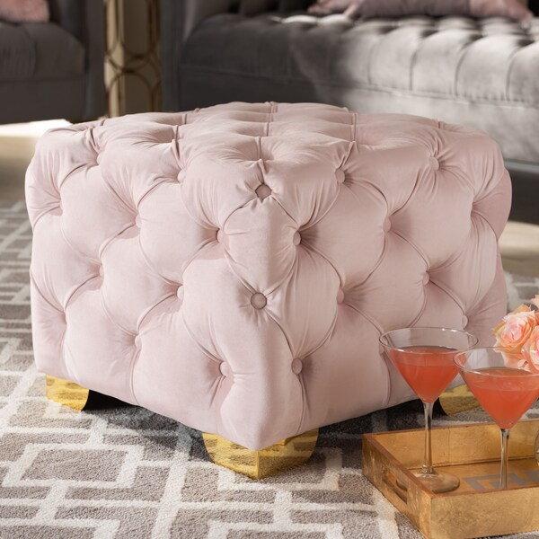 Baxton Studio Avara Pink Velvet Upholstered Gold Finished Button Tufted Ottoman - 153-9373