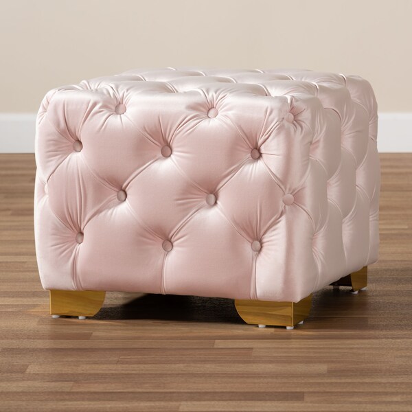 Baxton Studio Avara Pink Velvet Upholstered Gold Finished Button Tufted Ottoman - 153-9373