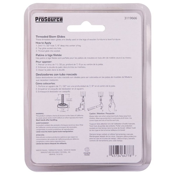 Prosource Furniture Glide, Plastic/Steel, Silver, Nickel Plated, 7/8 x 7/8 x 1-7/16 in Dimensions - FE-S504-PS