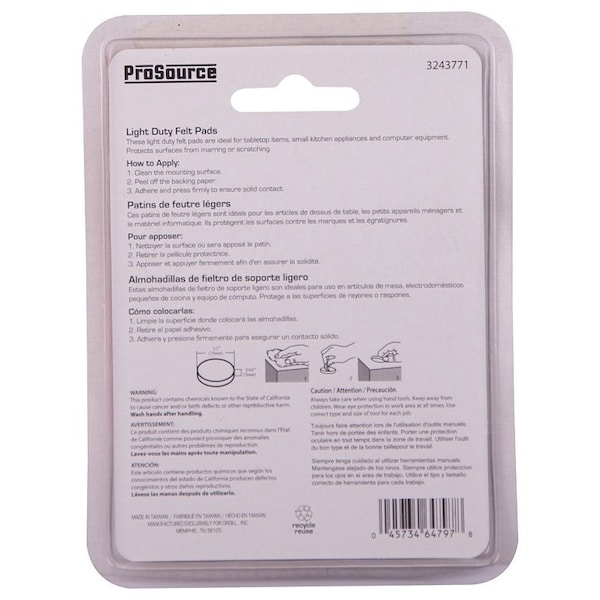 Prosource Furniture Pad, Felt Cloth, White, 1/2 in Dia, 5/64 in Thick, Round - FE-50230-PS