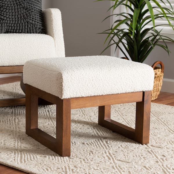 Baxton Studio Yashiya MidCentury OffWhite Boucle Upholstered and Walnut Brown Finished Wood Ottoman Footstool - 225-12926-ZORO