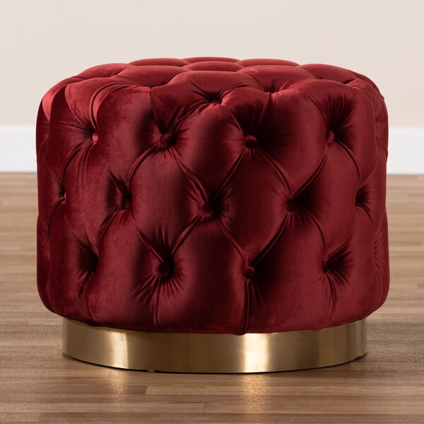 Baxton Studio Valeria Red Velvet Upholstered Gold-Finished Button Tufted Ottoman - 152-9377