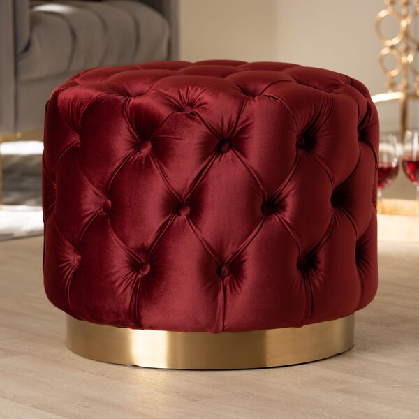 Baxton Studio Valeria Red Velvet Upholstered Gold-Finished Button Tufted Ottoman - 152-9377