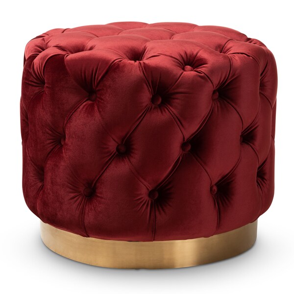 Baxton Studio Valeria Red Velvet Upholstered Gold-Finished Button Tufted Ottoman - 152-9377