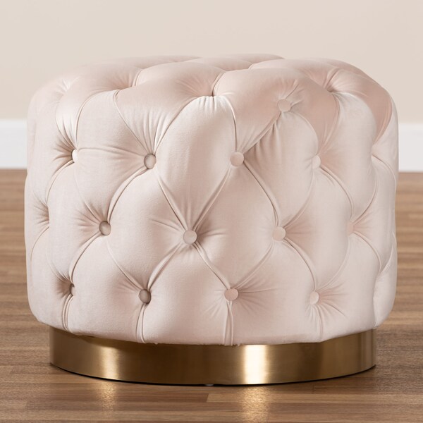 Baxton Studio Valeria Beige Velvet Upholstered Gold-Finished Button Tufted Ottoman - 152-9379