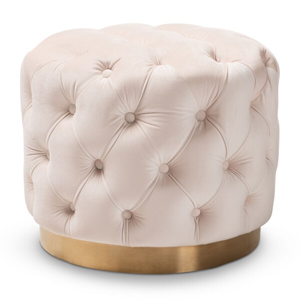 Baxton Studio Valeria Beige Velvet Upholstered Gold-Finished Button Tufted Ottoman - 152-9379