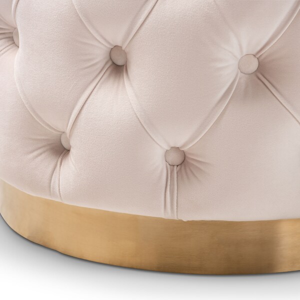 Baxton Studio Valeria Beige Velvet Upholstered Gold-Finished Button Tufted Ottoman - 152-9379