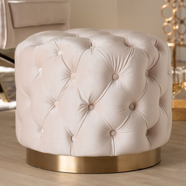 Baxton Studio Valeria Beige Velvet Upholstered Gold-Finished Button Tufted Ottoman - 152-9379