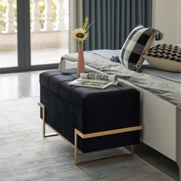 Fabulaxe Velvet Storage Ottoman Stool Box with Abstract Golden Legs - Decorative Sitting Bench, Black Large - QI003939.BK.L