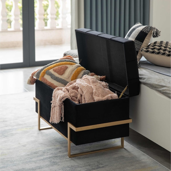 Fabulaxe Velvet Storage Ottoman Stool Box with Abstract Golden Legs - Decorative Sitting Bench, Black Large - QI003939.BK.L