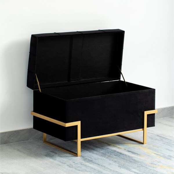 Fabulaxe Velvet Storage Ottoman Stool Box with Abstract Golden Legs - Decorative Sitting Bench, Black Large - QI003939.BK.L