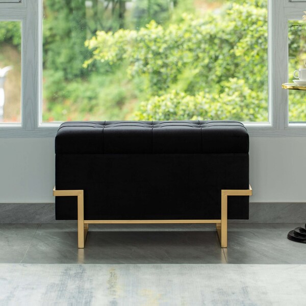 Fabulaxe Velvet Storage Ottoman Stool Box with Abstract Golden Legs - Decorative Sitting Bench, Black Large - QI003939.BK.L