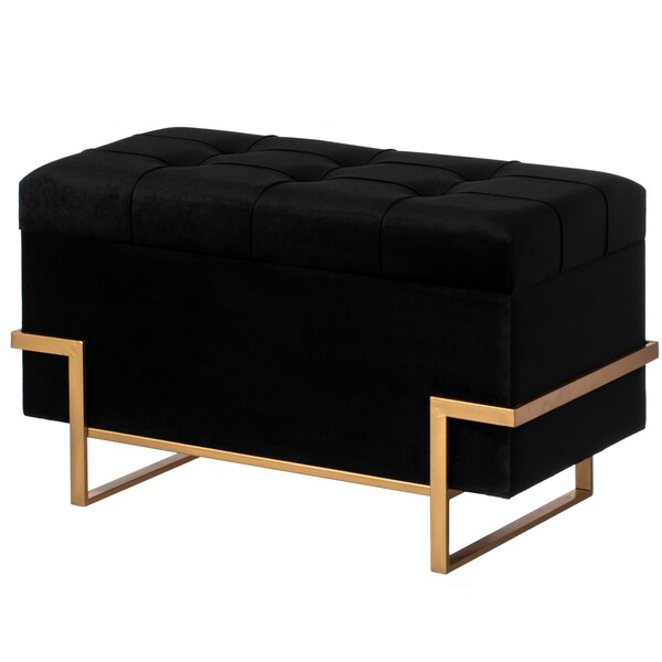 Fabulaxe Velvet Storage Ottoman Stool Box with Abstract Golden Legs - Decorative Sitting Bench, Black Large - QI003939.BK.L